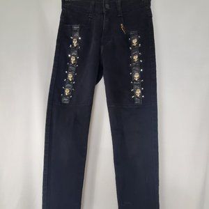 JAPANESE BRAND LEATHER STUDDED SILVER SKULL BLACK DENIM JEANS